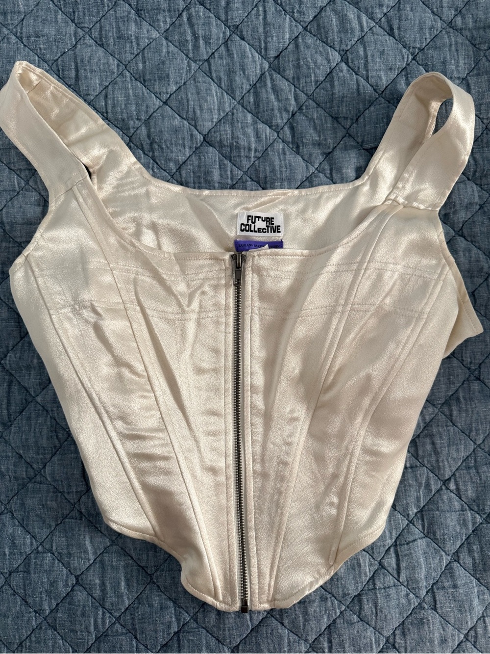 Ivory Satin Zip-Front Corset Top by Future Collective
